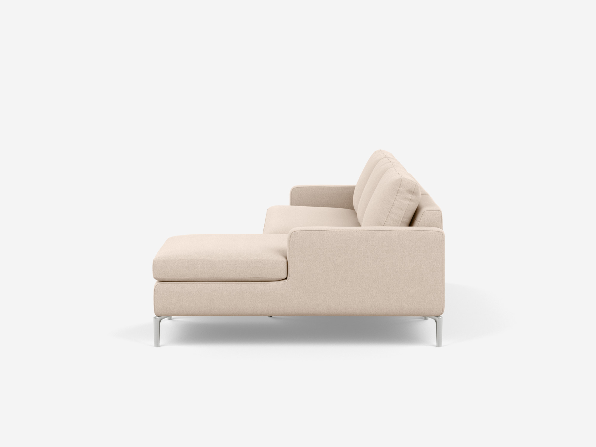 Side view of the Eve mid century sectional in white fabric with right chaise.